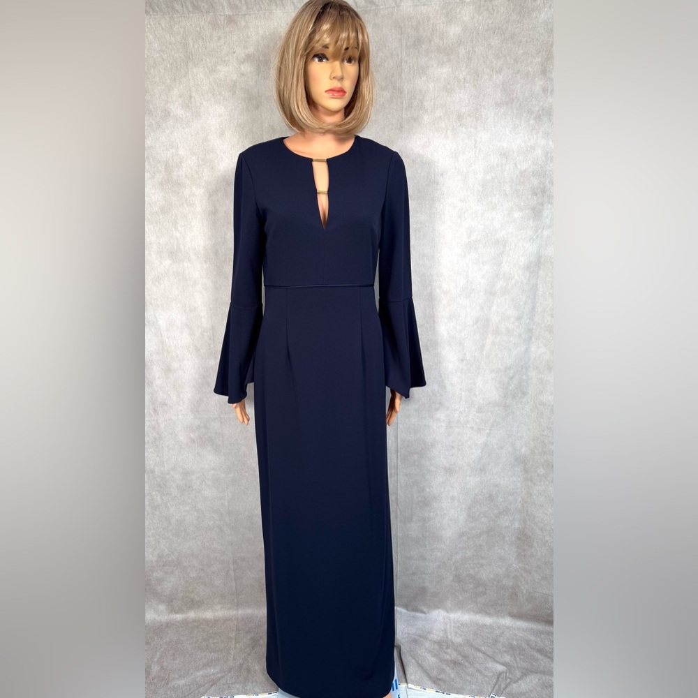 JS Collections Navy Blue Sheath Dress with Bell Sleeves